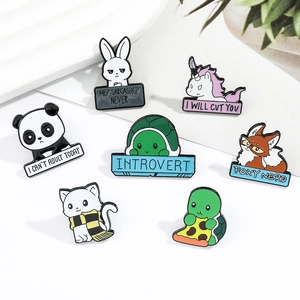 Detailed view of cute cartoon animal enamel pins with humorous English slogans on a clean background
