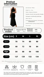 Detailed size chart and fabric care instructions for the black maternity maxi dress