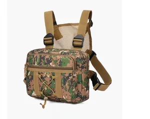 Detail of digital camouflage tactical chest bag with breathable mesh and buckle