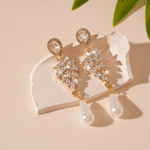 Sparkling leaf and waterdrop faux pearl earrings with luxury rhinestones in gold finish