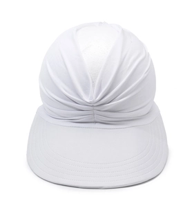 Detail of white sun hat featuring vintage pleated cross design and wide stitched brim