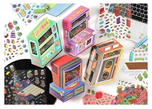 Detail of DIY pixel art 3d paper models with isometric mini furniture stickers