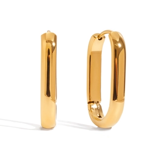 Detail of 18K gold plated stainless steel square hoop earrings with polished finish