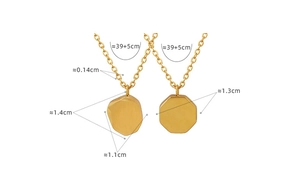Detail showing dimensions of two gold irregular and octagonal pendant necklaces