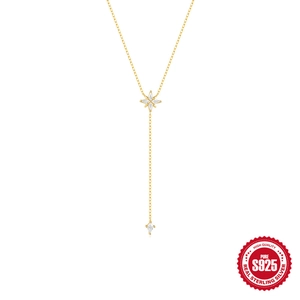 925 Sterling Silver Eight-pointed Star Y-shaped Necklace Gold Plated Zirconia Drop Pendant Clavicle Chain For Women Jewelry
