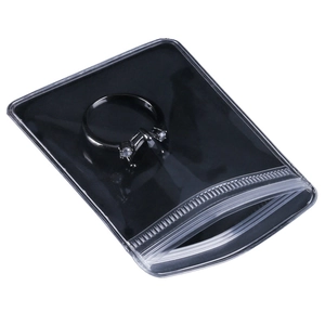 Transparent PVC ziplock jewelry bag protecting a three-stone black ring on display