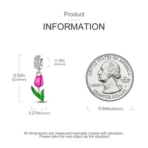 Detailed dimensions of flower charm bead shown next to a quarter coin for size comparison