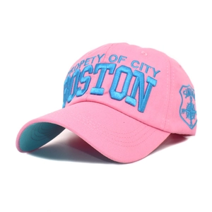 Detail of pink cotton baseball cap with blue 3D Boston embroidery and contrast brim