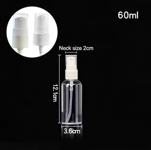 Detailed 60ml transparent spray bottle with white pump head and dimensions on black background