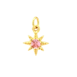 Detail of 18K gold plated star pendant with sparkling pink zircon center and tiny beadwork