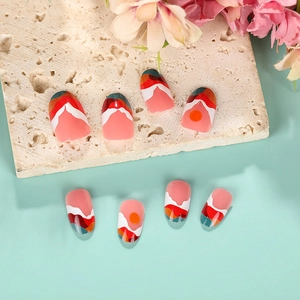 Short round sunset aesthetic press-on nails with colorful landscape pattern and sun detail