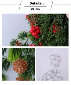 Detail of Christmas wreath featuring red berries, pine needles and white knit ornaments