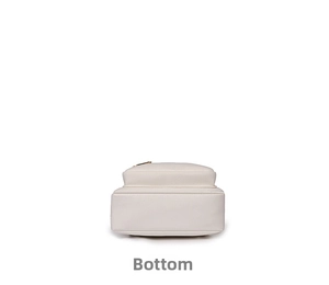 Detailed bottom view of white litchi pattern leather chest bag with fine stitching