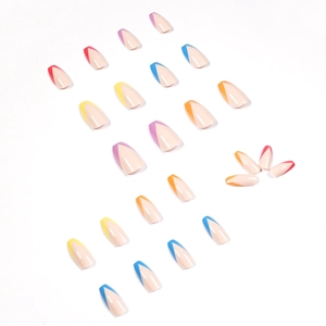 Rainbow V-shaped French tip almond press-on nails in pastel macaron colors 24-piece set