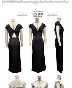 Detail of elegant satin maxi dress with deep V-neck and open back bow tie design