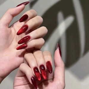 Valentine's Day Wine Red Cat Eye Almond Shape Press On Nails Shimmer Glossy Soft Gel Fake Nails For Women DIY Manicure