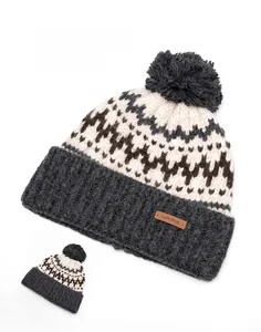 Detail of knit beanie with pompom showing grey and white geometric patterns and back view