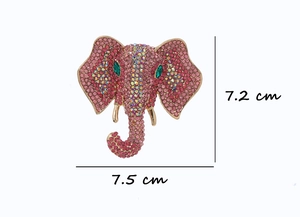 Detailed view of pink elephant brooch with dimensions 7.5 cm width and 7.2 cm height