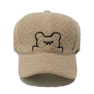 Cozy khaki sherpa baseball cap with cute embroidered bear for women winter warmth
