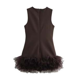 Back view of sleeveless chocolate dress featuring mesh splicing and rear zipper closure
