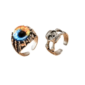 Retro punk adjustable ring set featuring silver skull and evil eye claw designs