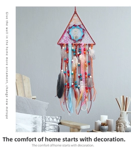 Bohemian triangular dreamcatcher detail with colorful lace ribbons and natural feathers
