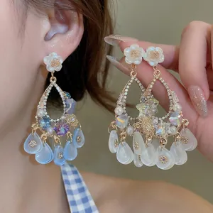 Alloy Flower Rhinestone Crystal Artificial Pearl Dangle Tassel Earrings With 925 Sterling Silver Earring Post Vintage Court Style Women