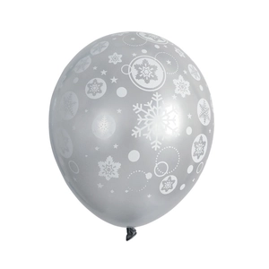 Detailed close-up of a silver festive balloon with white snowflake and dot patterns