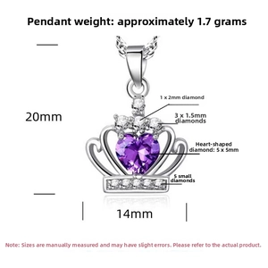 Detail view of silver heart crown pendant necklace showing 20mm by 14mm size specs