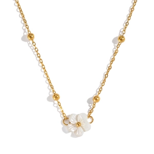 Minimalist 18K gold plated stainless steel necklace with white shell flower pendant