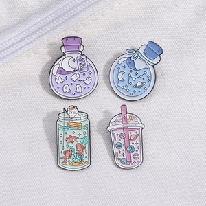 Set of 4 purple enamel pins featuring ghost potion bottles and creative cartoon designs