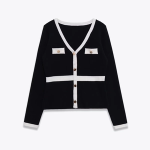 Women V-Neck Knit Cardigan Contrast Trim Long Sleeve Elegant Gold Button Soft Polyester Spandex Blend Sweater Top