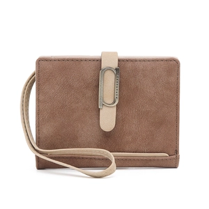 Women's Short Wallet Matte PU Leather Bifold Purse With Wristlet Strap Retro Style Large Capacity Card Holder