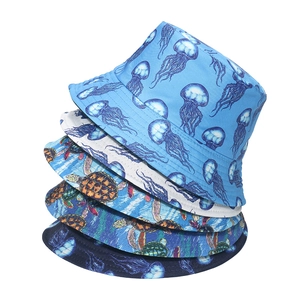 Reversible Bucket Hat Polyester Jellyfish Sea Turtle Print Sun Protection Outdoor Beach Fisherman Cap For Women Men