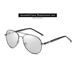 Classic polarized aviator sunglasses with photochromic lenses and gunmetal frame