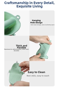 Macro detail of heat-resistant mint green silicone oven mitt showing flexible texture and hole