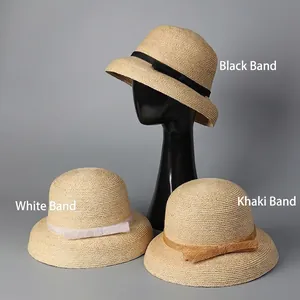 Elegant Raffia woven straw hats in black, white, and khaki ribbon styles for beach sun protection