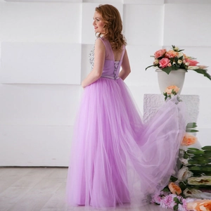 Lavender sleeveless evening gown with silver sequins and mesh skirt corset back detail