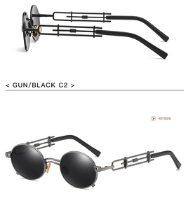 Macro view of gunmetal steampunk sunglasses featuring mechanical metal temple details