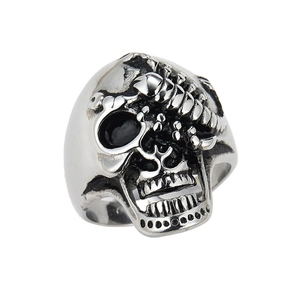 Gothic punk 316L stainless steel skull ring with scorpion carving and vintage finish