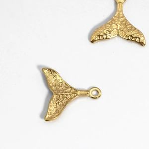 Golden plated stainless steel fish tail pendant necklaces with textured scale detail