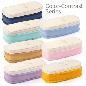 Large capacity canvas pencil case with stylish macaron contrast color blocks and label
