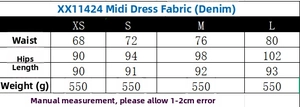 Guide des tailles pour ensemble haut en jean et jupe midi avec mesures de taille et longueur