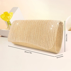 Golden pleated shimmer clutch evening bag with dimensions 20x10x6cm for formal occasions