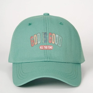 Mint green baseball cap with God Is Good All The Time print and adjustable back strap