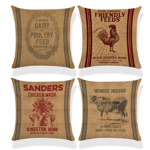 Vintage farm-style linen throw pillow covers with rustic animal feed bag prints