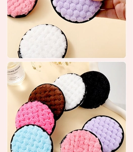 Macro shot of colorful reusable plush microfiber face cleansing puffs in multiple shades