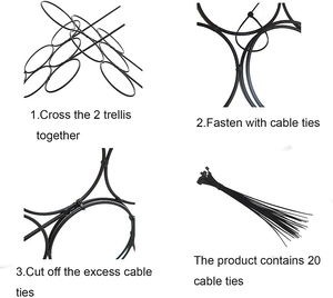 Detailed assembly steps of black metal plant support frames using 20 secure zip ties