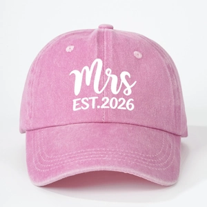 Pink washed cotton baseball cap with Mrs EST. 2026 print and vintage adjustable strap