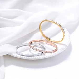 Stainless Steel Bangle For Women Gold Plated Mother Of Artificial Pearl Inlay With Cubic Zirconia Elegant Simple Jewelry